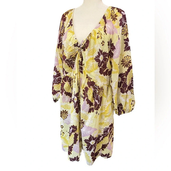 Anthropologie Plus Size V Neck Yellow Floral Mini Dress XL - Picture 7 of 13
